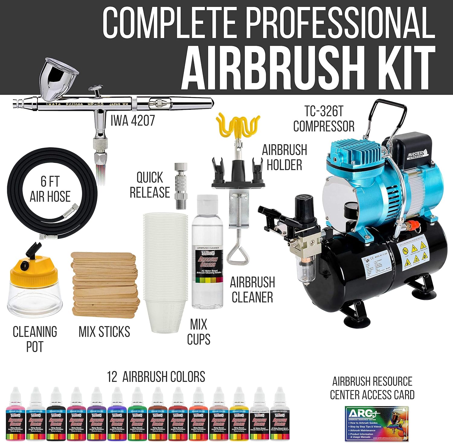 Iwata-Medea Eclipse HP CS Airbrush Set with Cool Runner II Dual Fan Air Tank Compressor System Kit, 12 Color Acrylic Airbrush Paint Artist Set, Hose, Holder, Cleaning Pot, Mixing Cups, How-to Guide