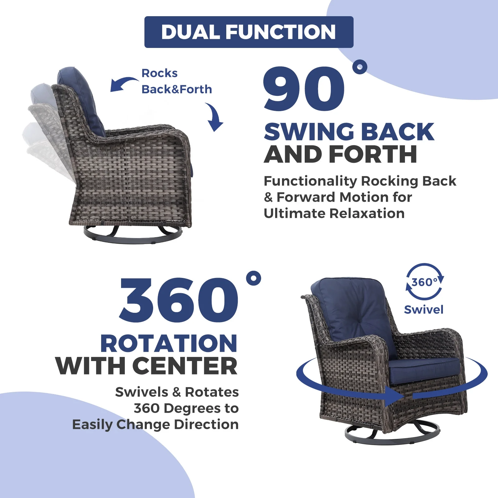 WILOUNGE 3 Pieces Patio Furniture Sets,Outdoor Furniture with Patio Chairs and Glass Side Table, 360°Swivel Rocking Chair Wicker Patio Furniture &Gift for 3 Pieces Rain Cover