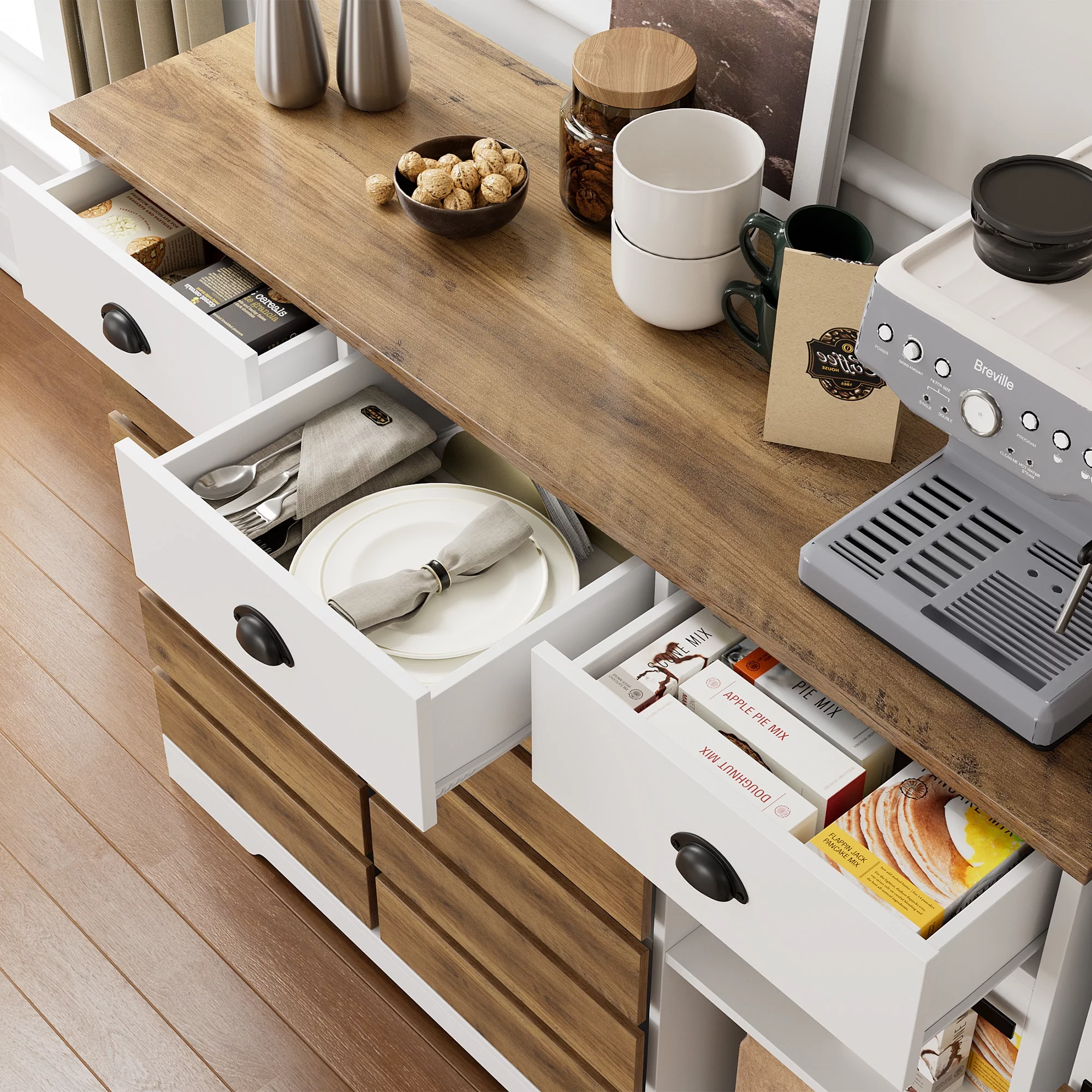 Homfa 47.2‘’ Kitchen Buffet Cabinet, 3 Drawers Farmhouse Coffee Bar Sideboard with 2 Sliding Barn Doors, White
