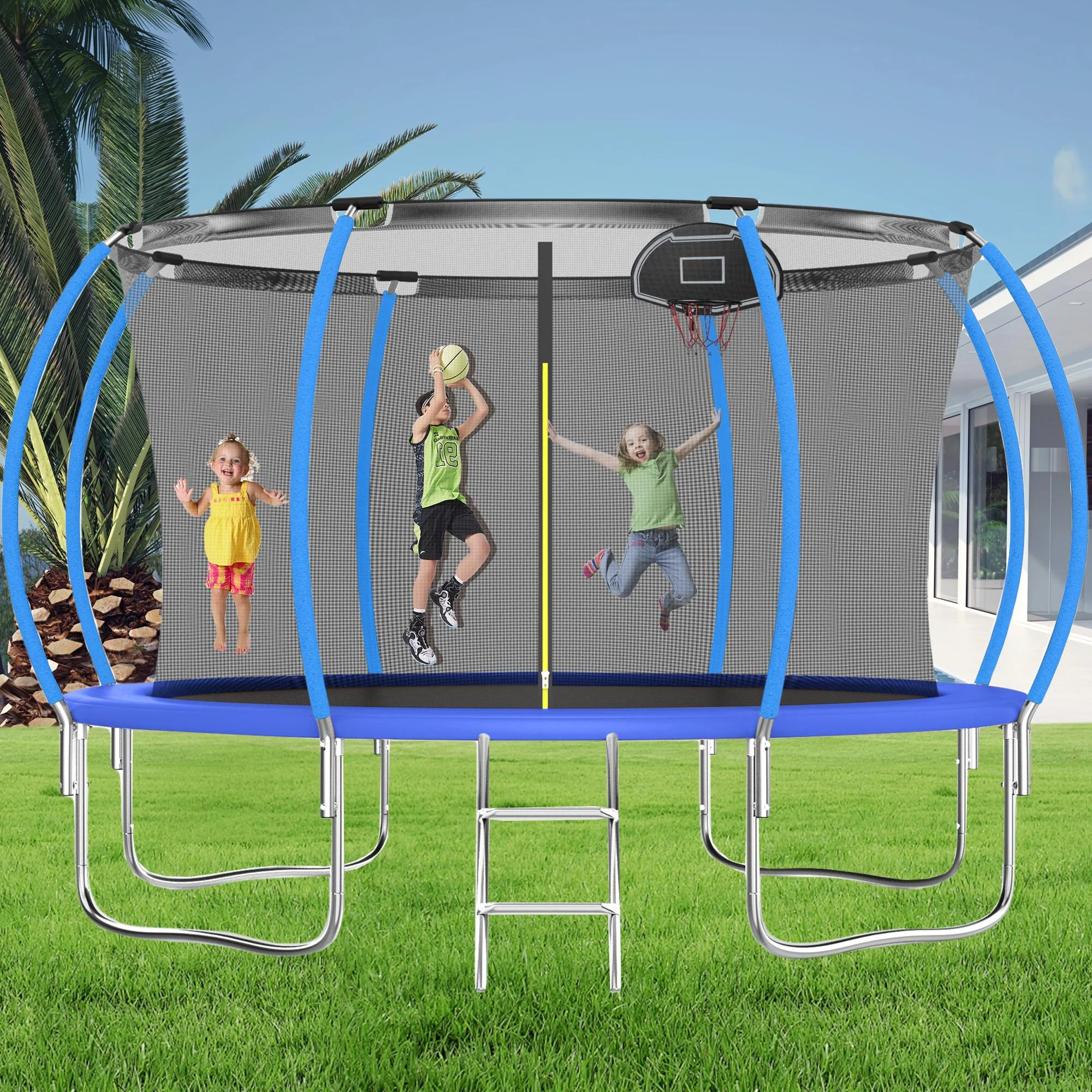 Kids Trampoline with Hoop ON SALES, Seizeen 12FT  Pumpkin Trampoline for Outdoor All-Weather Trampoline W/ Enclosure Net & Anti-collision Curved Pole, Outdoor Round Trampolines Bears 4-6 Kids, Blue