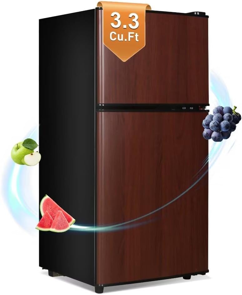 Compact Refrigerator, 3.3 Cu.Ft Apartment Size Refrigerator with Freezer, Small Fridge with Level Adjustable Thermostat Control Perfect for Kitchen, Wood