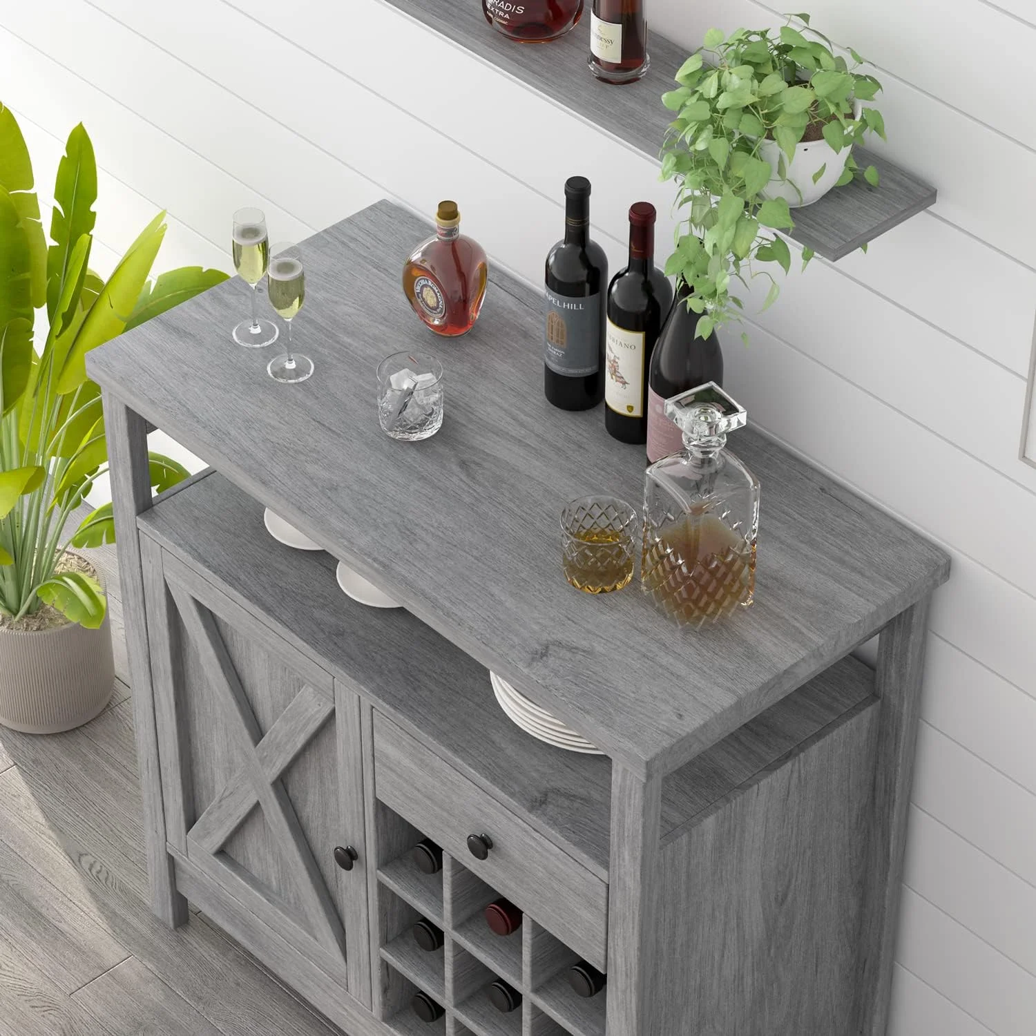 Farmhouse Coffee Bar Cabinet with Storage, Kitchen Buffet Storage Cabinet with Drawer, Wine Bar Cabinet with Barn Door, Gray Coffee Bar Table with Open Shelf for Dining Living Room