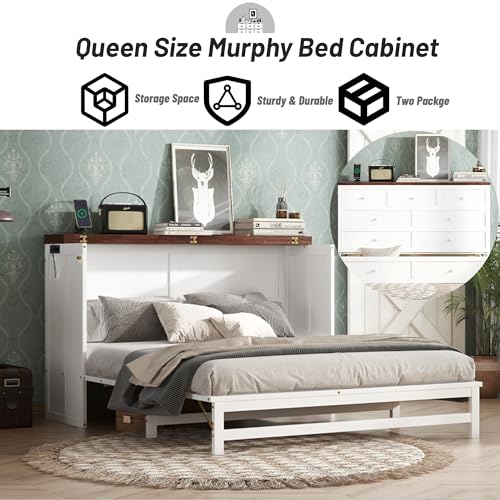Queen Murphy Bed Cabinet, Murphy Bed Queen with Storage Drawer & Charging Station, USB Port, Solid Pine Wall Beds for Home Office, Studio or Guest Room, White