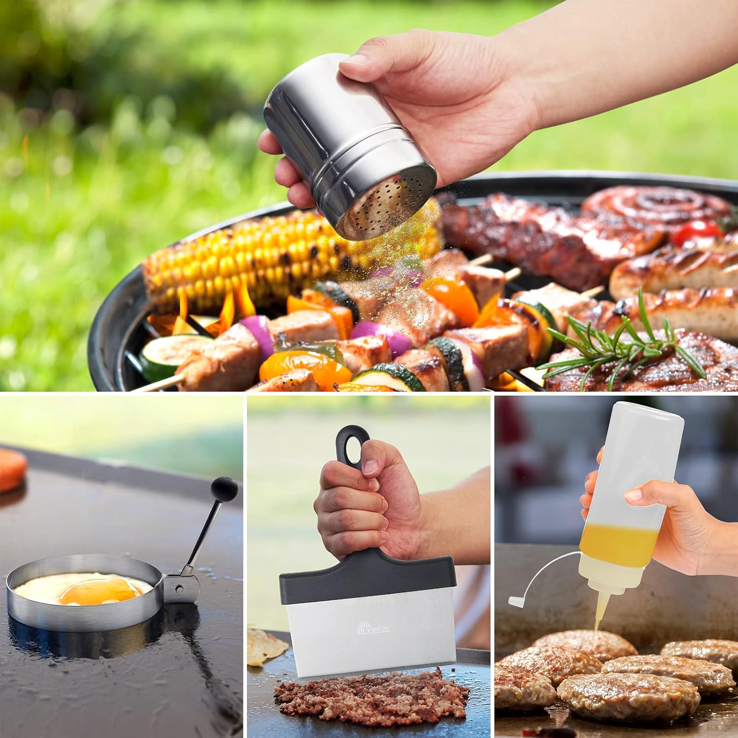 YIMII.JIA Griddle Accessories Set, 15 Pcs Flat Top Grill Accessories Kit for Blackstone and Camp Chef, Barbecue Utensil Gifts for Men with Spatula Set, Basting Cover and Burger Press Pack of 2