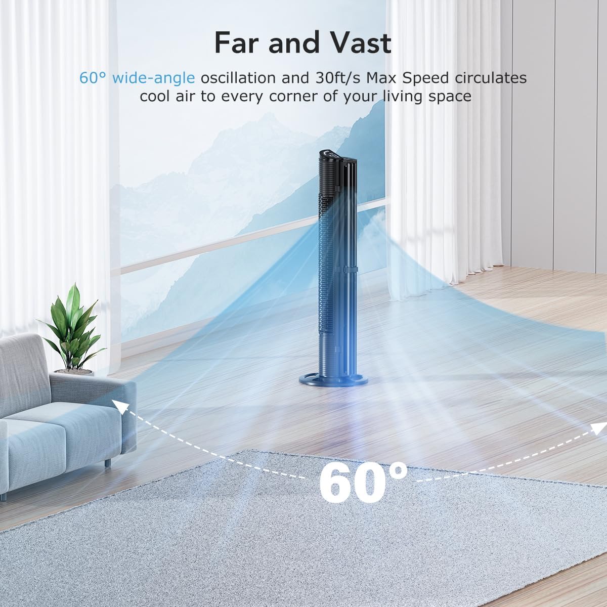 U ULTTY Tower Fan for Bedroom, 30ft/s Velocity Quiet Floor Fan, 60° Oscillating Fans for Indoors with 6 Speeds, 4 Modes, 15H Timer, Standing Fans, 40 inch Bladeless Fan for Home, Living Room, Black