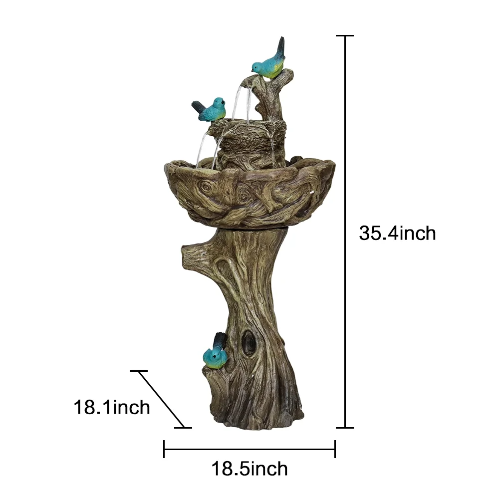 3-Tier Outdoor Water Fountain Bird Bath Patio Fountain Outdoor Stump Like Waterfall Fountain with Birds Decor Freestanding Patio Water Fountain Pump for Garden Yard Patio Porch