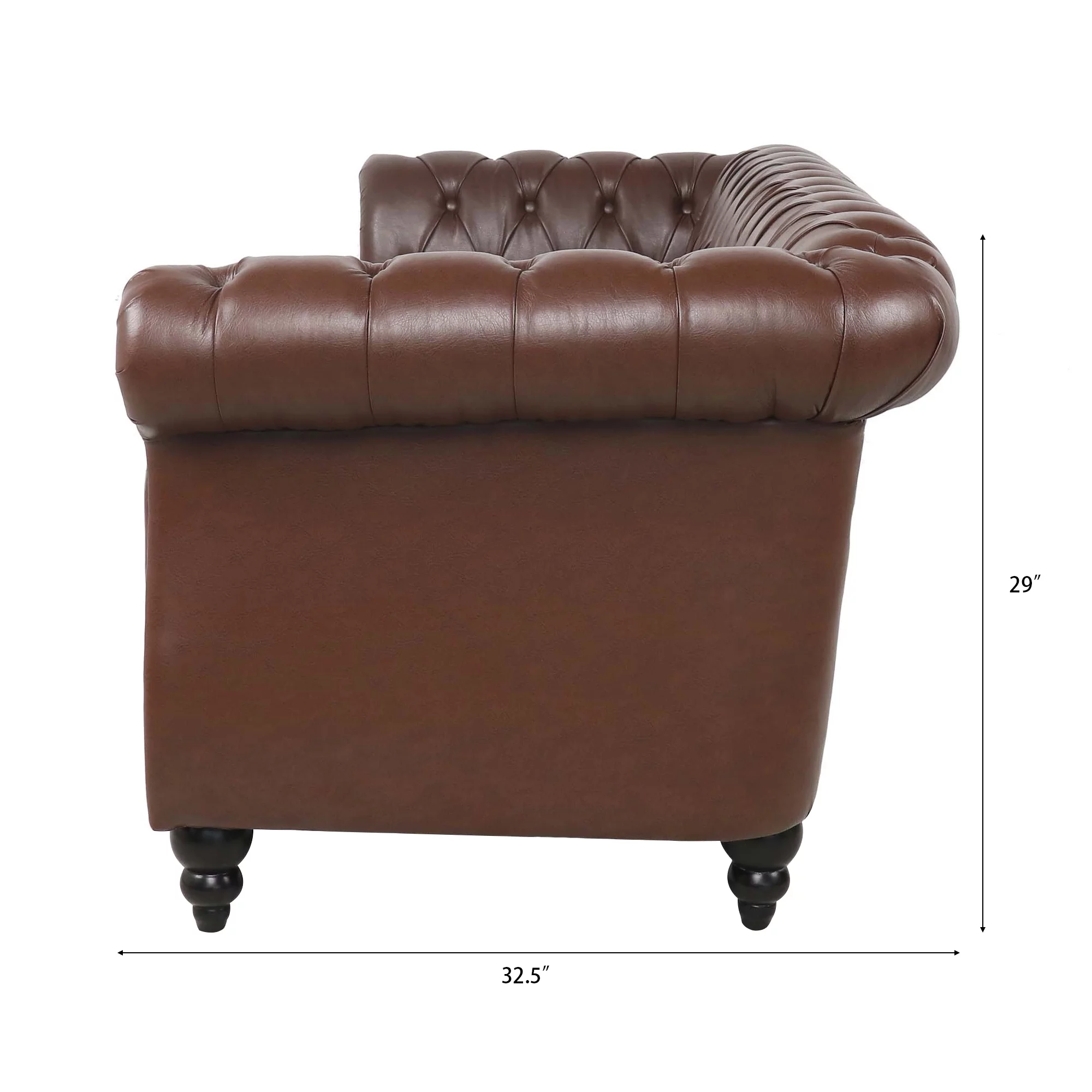 Chesterfield Sofas for Living Room, Rolled Arm 3-Seater Leather 84" Large Couch Deep Button Nailhead Tufted Black Upholstered Couches for Bedroom, Office Apartment (Dark Brown)