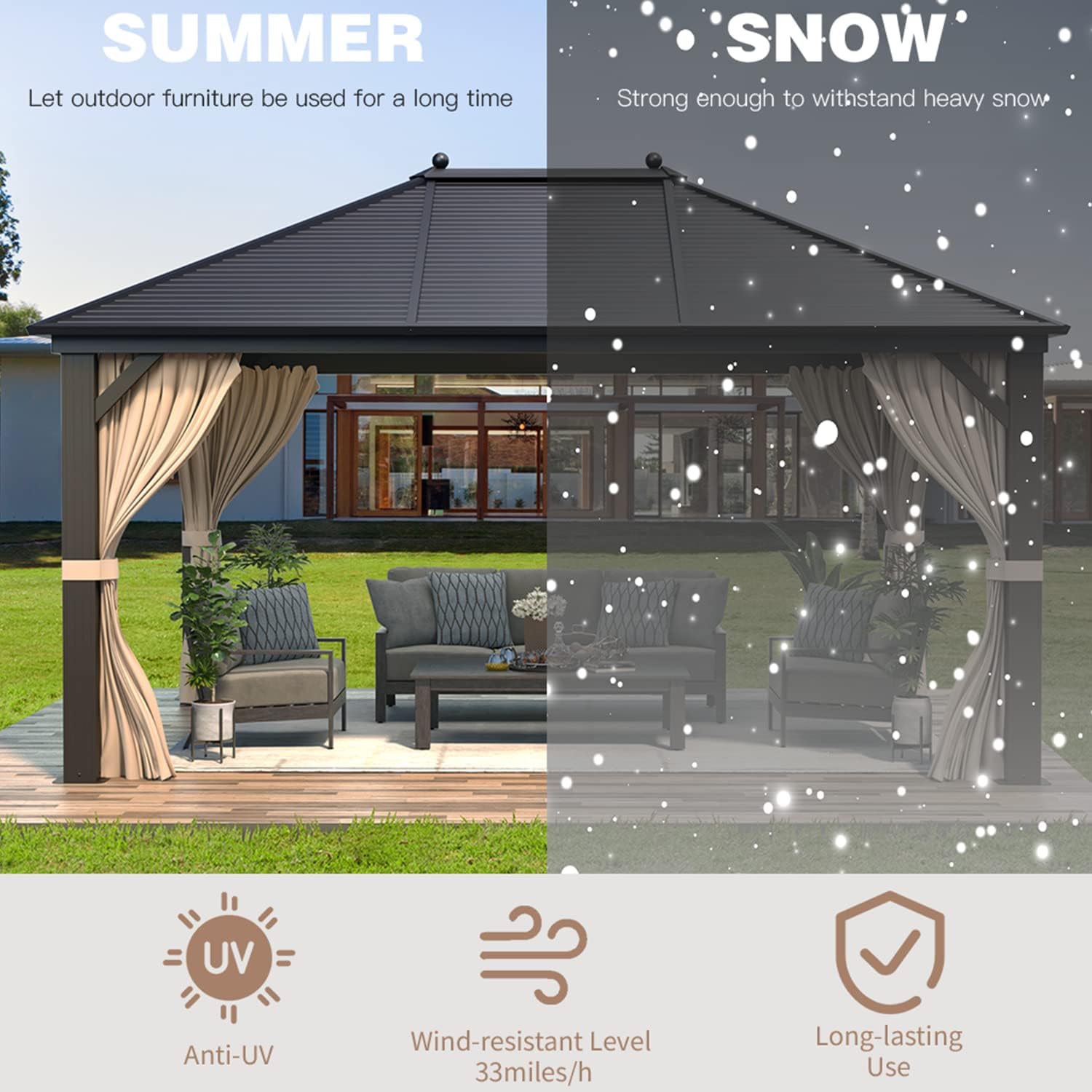 EROMMY Hardtop Gazebo Galvanized Steel Outdoor Gazebo Canopy Double Vented Roof Pergolas Aluminum Frame with Netting and Curtains for Garden,Patio,Lawns,Parties (10'x 13')
