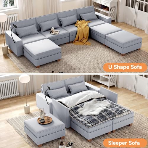Modular Sectional Sofa, Convertible U Shaped Sofa Couch with Central Console & USB Ports, 7 Seat Modular Sectionals Couch with Chaise and Storage for Living Room, Light Grey