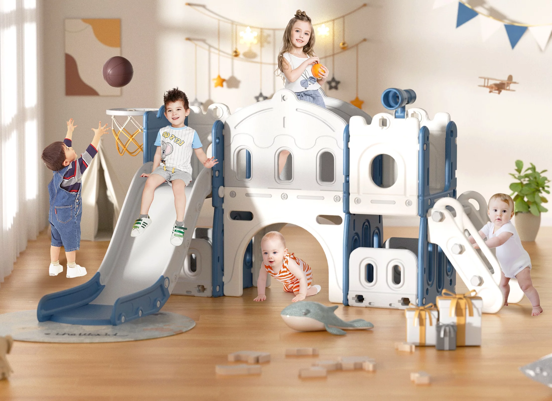 XJD 8 in 1 Toddler Slide with Climber, Kids Slide for Toddlers Age 1+,Basketball Hoop,Tunnel and Storage Space,Slide Toddlers Playset playground Outdoor Indoor play Set