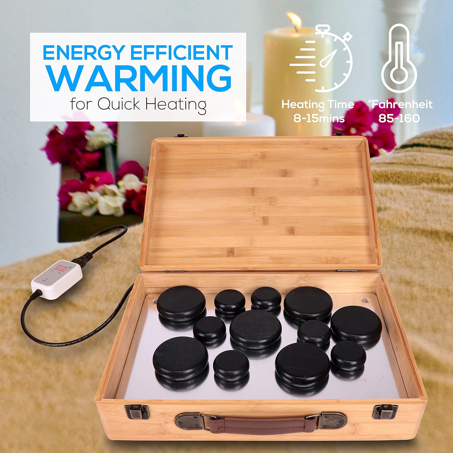 Massage Stone Heater Box Set-Electric Spa Portable Heated Rocks Massage Stones and Warmer Set - Heat Rock Massaging Kit 12 Large/Small Black Stone Set w/Bamboo Heating Case-SereneLife PSLMSGST65.5
