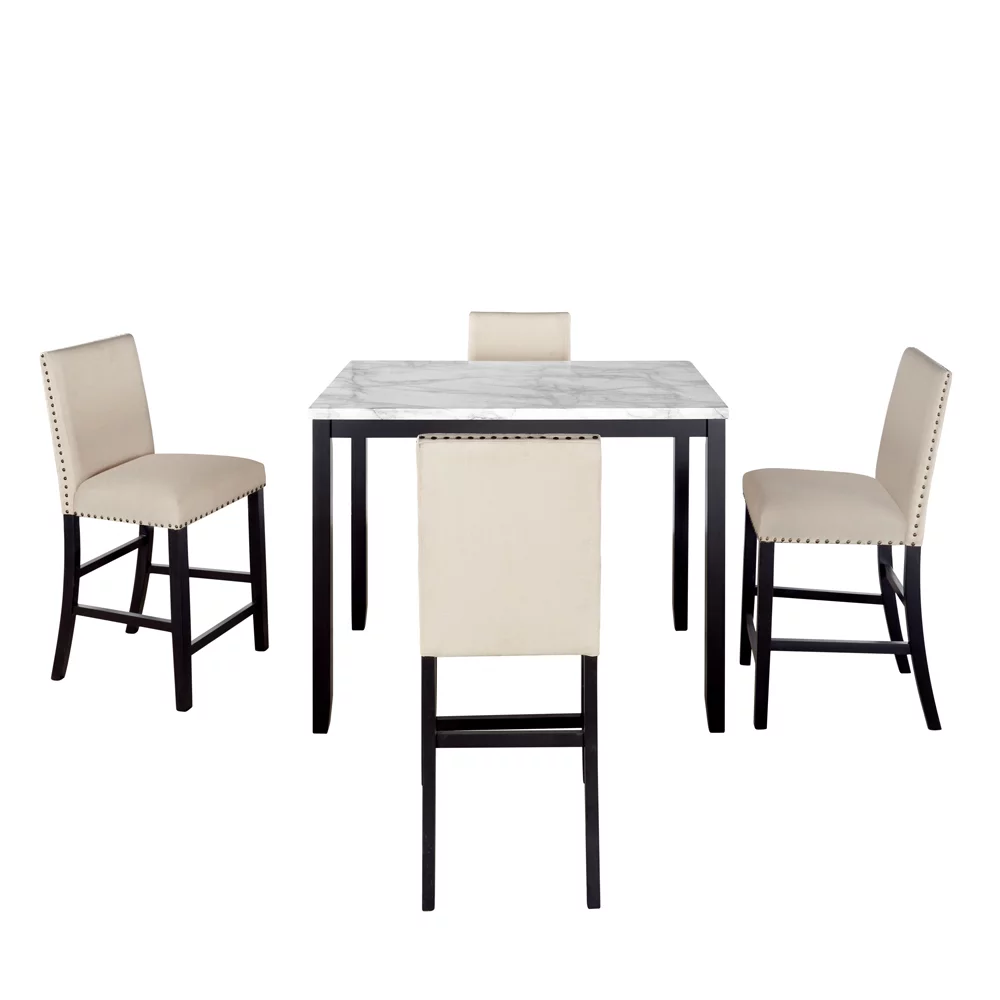 5 Pieces Counter Height Faux Marble Modern Dining Set with 4 Upholstered Chairs for Small Space,Beige