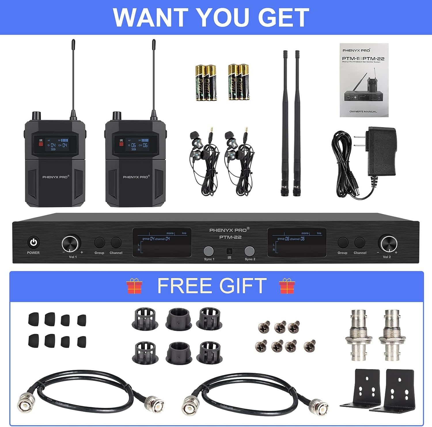 Phenyx Pro UHF Mono Dual Wireless in-Ear Audio Monitor System, Metal Transmitter, Sturdy Bodypack Receiver, 2x50 Frequencies, Separate Outputs, 164ft Operation, Ideal for Band and Studio (PTM-22)