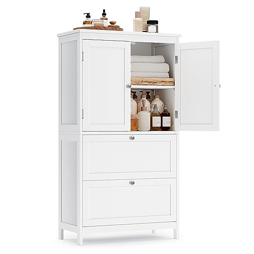VASAGLE Bathroom Floor Storage Cabinet, Bathroom Storage Unit, Freestanding Cabinet with 4 Doors, Adjustable Shelves, 11.8 x 23.6 x 43.3 Inches, Forest Green UBBC552C01