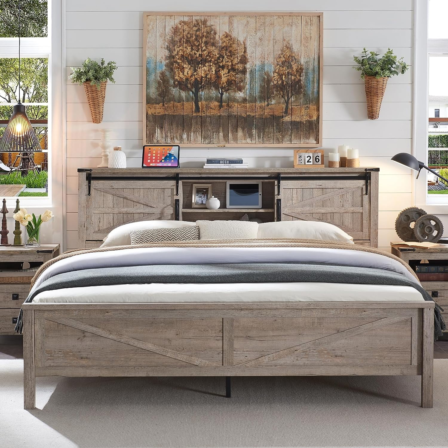 OKD Modern Farmhouse Full Platform Bed with Bookcase Headboard Storage and Charging Station, No Box Spring Needed, Anitique White Finish
