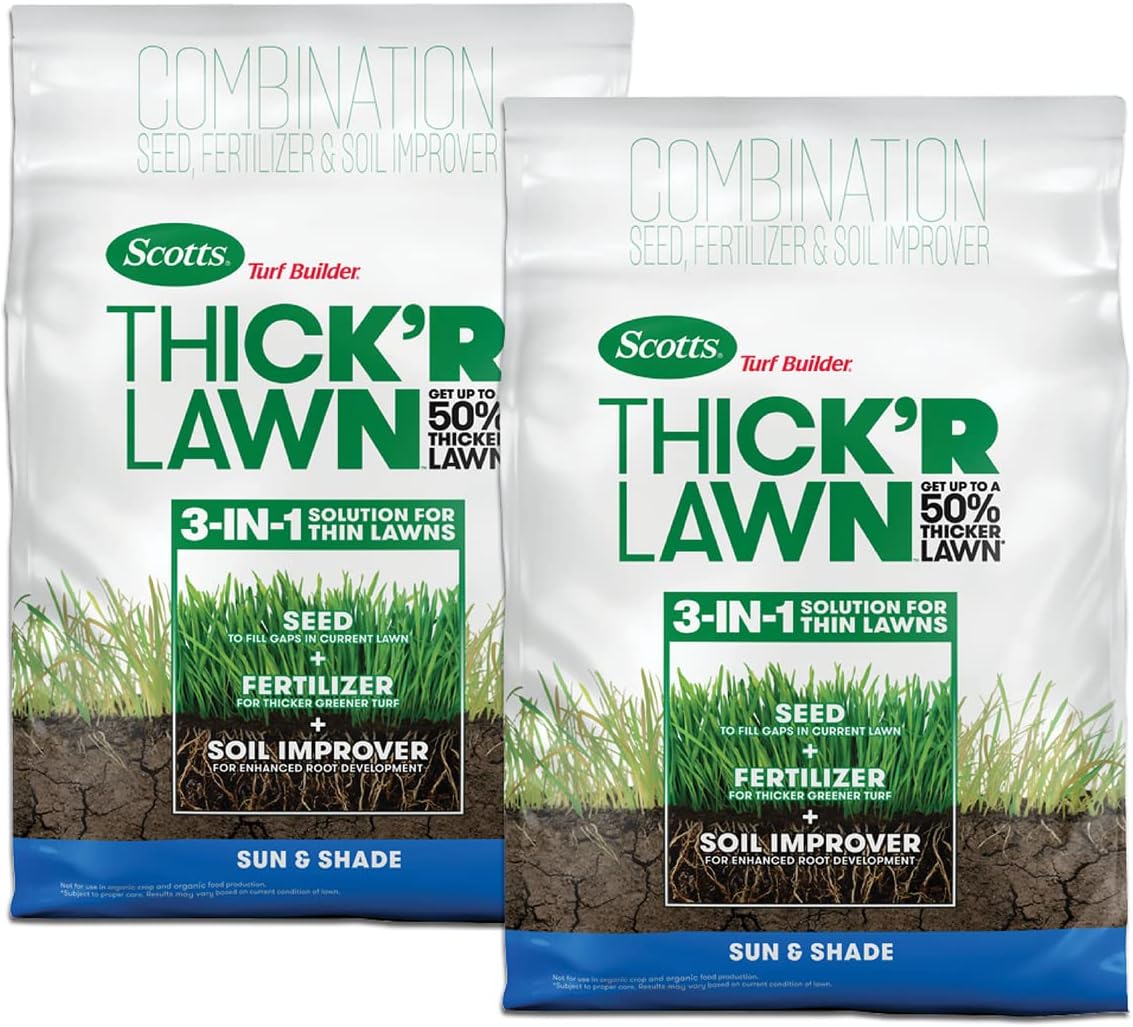 Scotts Turf Builder Thick'R Lawn Sun & Shade - 3 in 1 Lawn Fertilizer, Seed, & Soil Improver for a Thicker, Greener Lawn, Seeds up to 4,000 sq. ft., 40 lb. Pack of 2