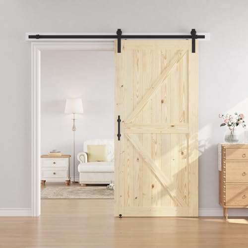 SMARTSTANDARD 36in x 84in Sliding Barn Door with 6.6ft Barn Door Hardware Kit Included, Unfinished Solid Spruce Wood Door, Assembly Required, DIY, Stainable, Natural