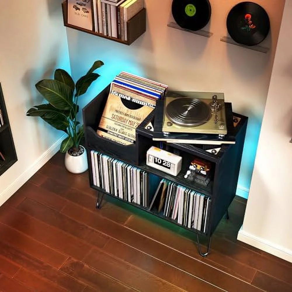 RUNFAYBIU Record Player Stand with Vibration-Isolated Turntable Design  Vinyl Record  Table with Charging Station  Mid-Century Modern Turntable Stand (Black)
