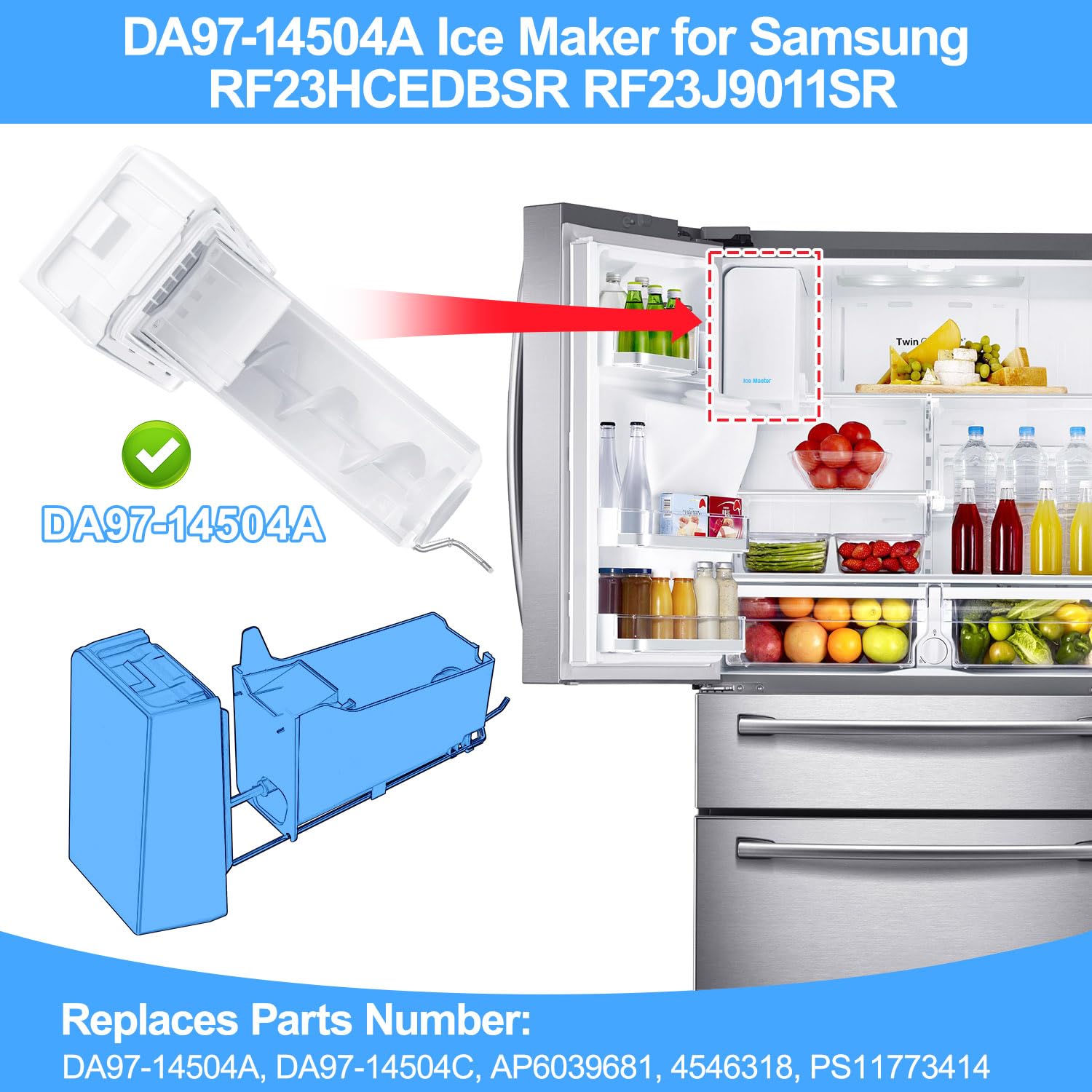 Upgraded DA97-14504A Refrigerator Ice Bucket Replacement Compatible with Samsung Ice Maker DA97-14504C Replacement Ice Container Assy Tray & Auger Assembly for RF23HCEDBSR RF22KREDBSR RF23J9011SR