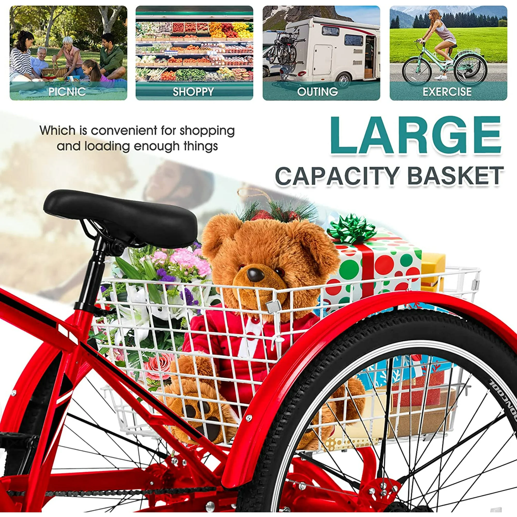 Lilypelle Adult Mountain Tricycle 24/26/27.5 Inch Low step through Mountain Bike Cruiser Trikes for Adults 7 Speed Three Wheel Trike Bike Bicycle with Large Basket