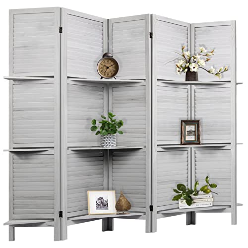 Room Divider with Shelves, Privacy Screen, Room Dividers and Folding Privacy Screens, 5 Panel Wood Temporary Wall Partition Separation Separator, Coconut