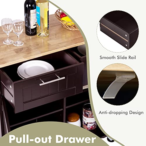 SILKYDRY Kitchen Island with Storage, Kitchen Storage Trolley w/Adjustable Shelves, Rubber Wood Top, Towel Rack, Large Drawers & 2-Door Cabinet, Rolling Kitchen Cart Lockable Island Table