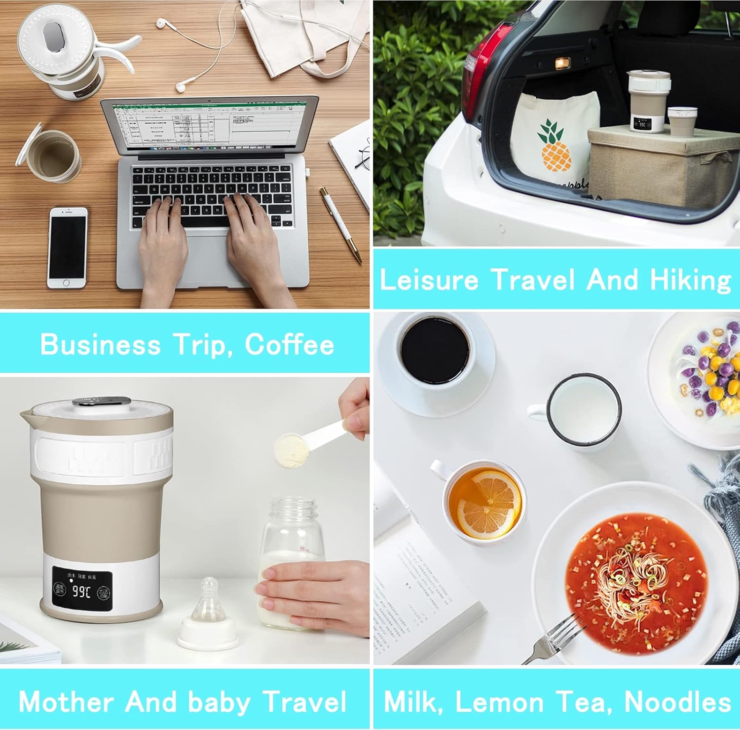 Portable Tea Kettle for Travel and Camping, Foldable Electric Kettle Small and Mini, Stainless Steel Collapsible Kettle with Temperature Control Concealed handle and Folding Cup, Dual Voltage