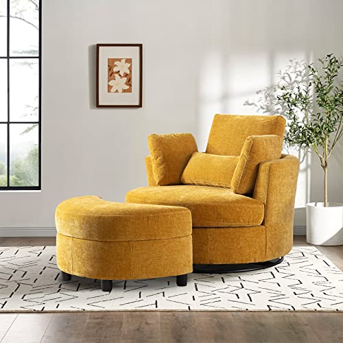 Chair and A Half with Ottoman, 360° Swivel Accent Barrel Chair Modern Comfy Round Reading Sofa Swivel Chairs Circle Lounge Chair for Bedroom Living Room w/4 Pillow Lower Seating Heigh (White, Large)