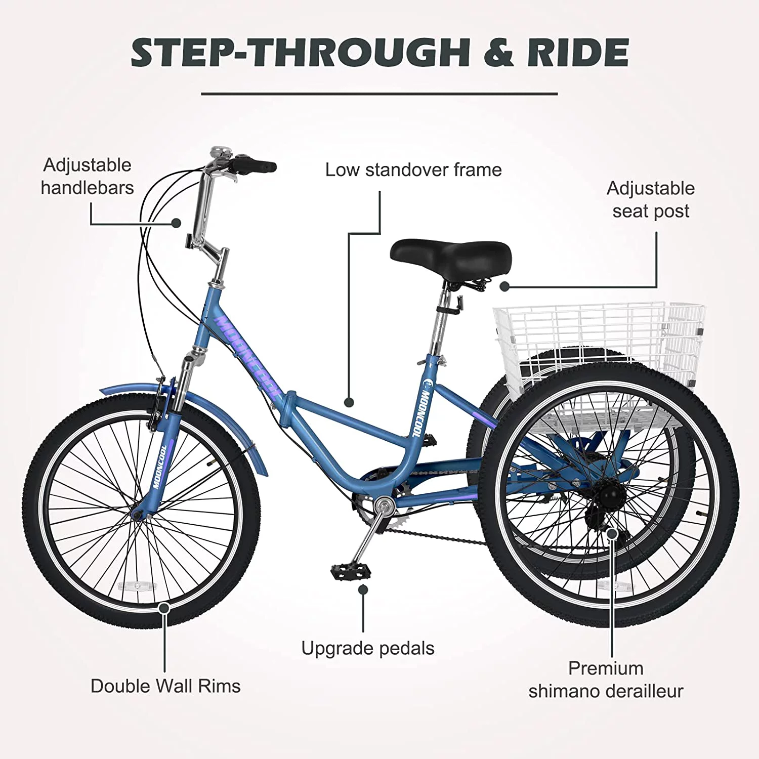 Slsy Adult Folding Tricycle for Adults, 7 Speed 20/24/26 inch 3 Wheels Bikes with Basket, Foldable Tricycle for Adults, Women, Men, Seniors