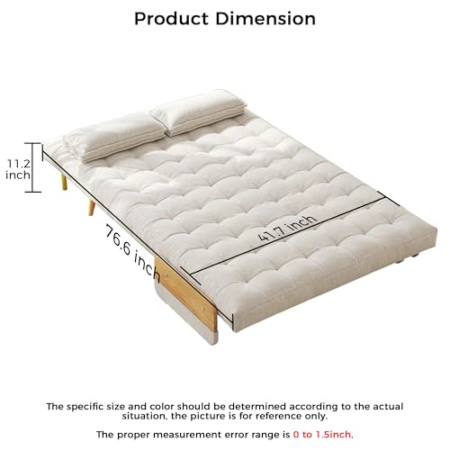3-in-1 Convertible Chair Bed Sleeper for Adults, Linen Convertable Sleeper Chair with Wooden Arms & Pillows, Foldable Single Futon Sofa Bed (Mid Century with Walnut Arm, 36.6" Wide)