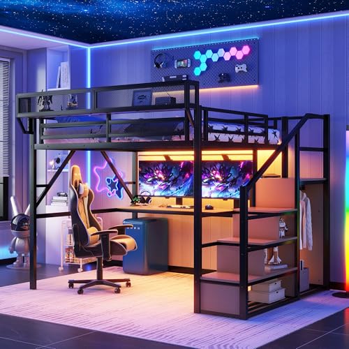Full Size Loft Bed with Stairs and Storage, Metal Loft Bed Frame with Bedside Shelf and Large Under-Bed Space, Heavy-Duty Bed for Adults Teens and Kids, Black