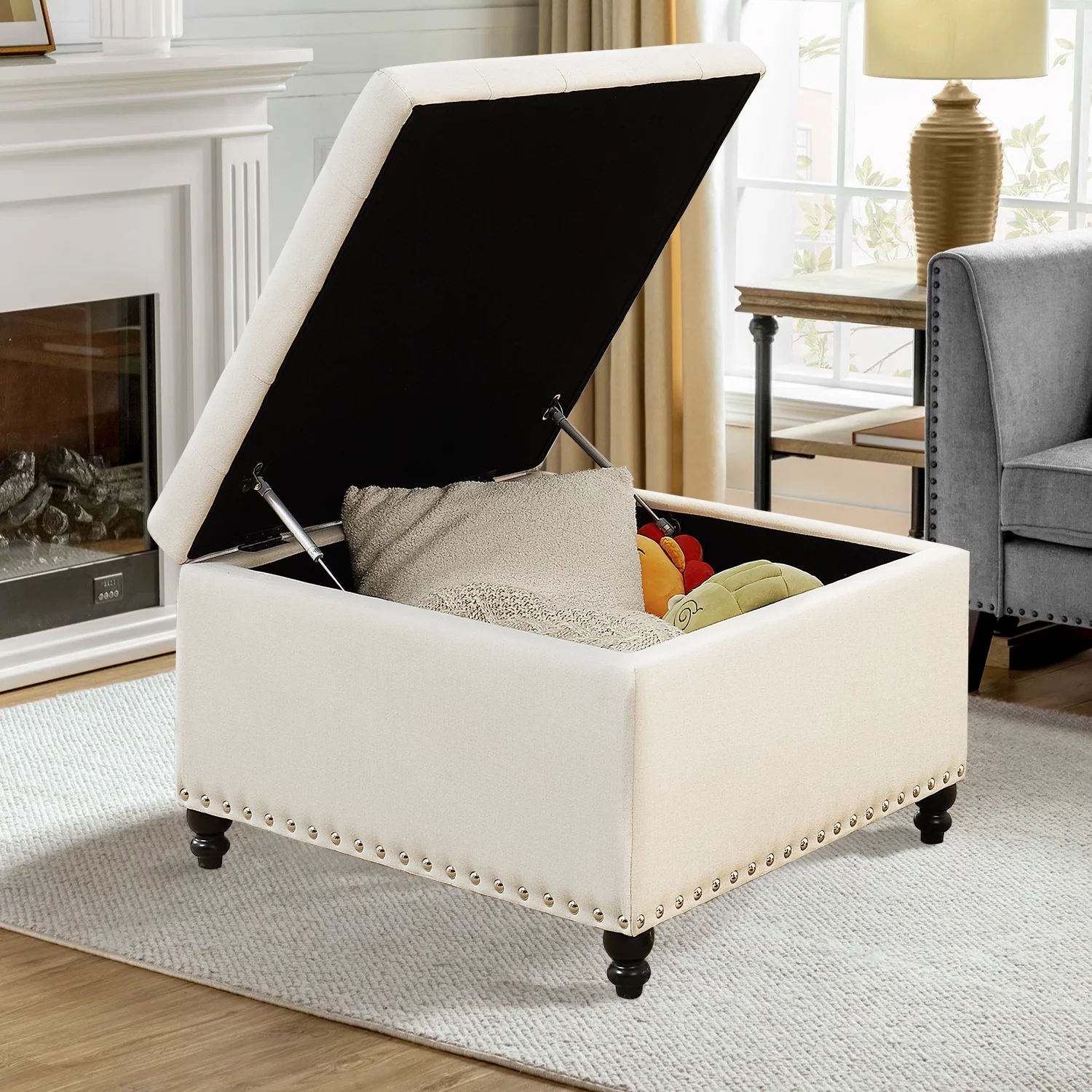 Square Storage Ottoman, 30-inch Large Ottoman Bench with Button-Tufted, Safety Hinge End Of Bed Storage Bench in Upholstered Fabrics for Bedroom, Living Room (Beige)