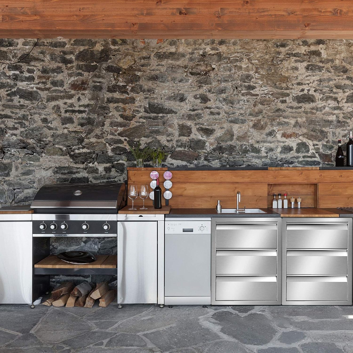 Hottoby Outdoor Kitchen Drawers Stainless Steel Double Access BBQ Drawers Box Frame Style Flush Mount for Outdoor Kitchen Cabinets& BBQ Island/Grill(18''x20''x15'' 304BBQ Storage Double Drawers)