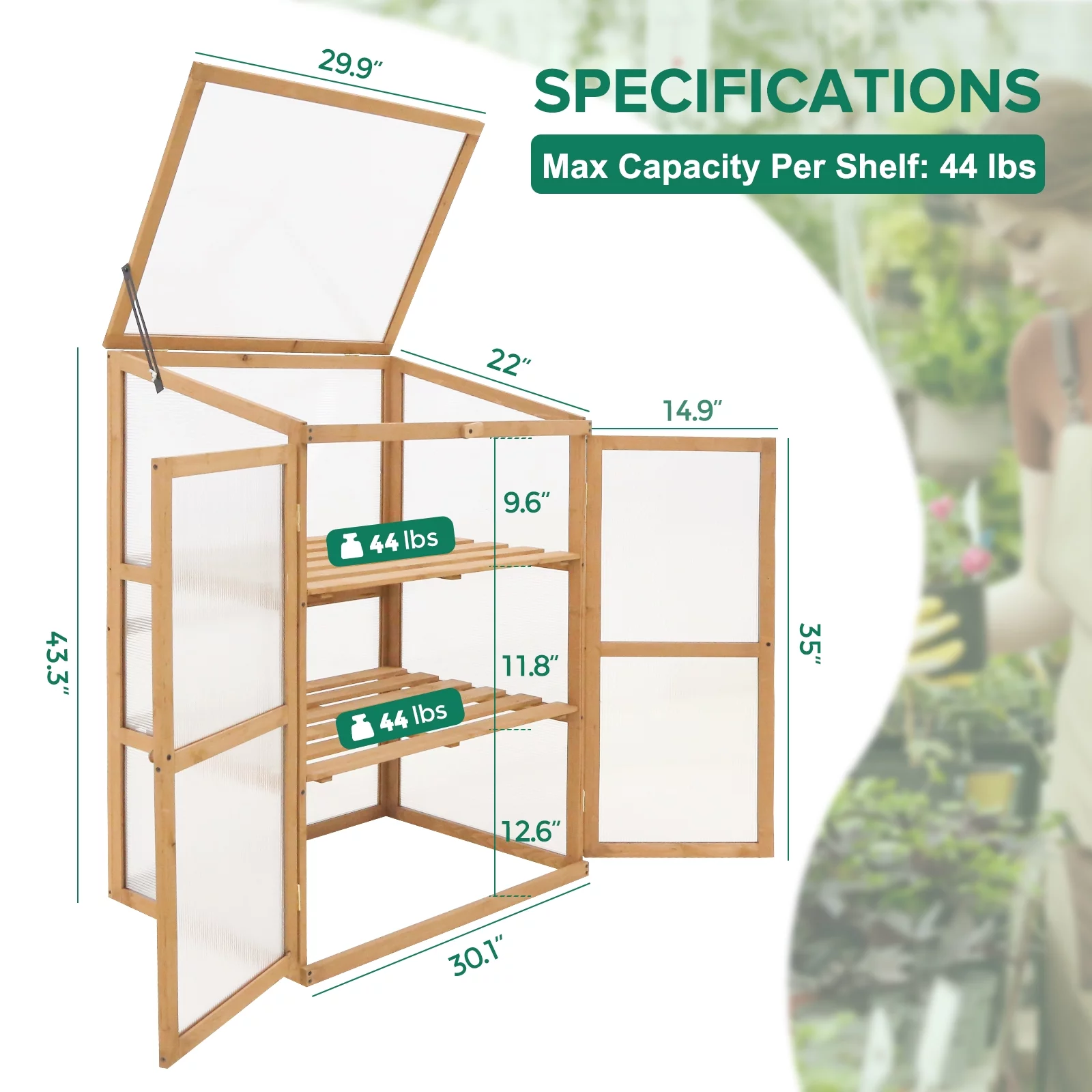 EAGLE PEAK Garden Cold Frame Greenhouse with Adjustable Shelves, 30.1x22.0x43.3in, Indoor & Outdoor Use, Wood Frame with PC Windows & Vented Roof, Natural