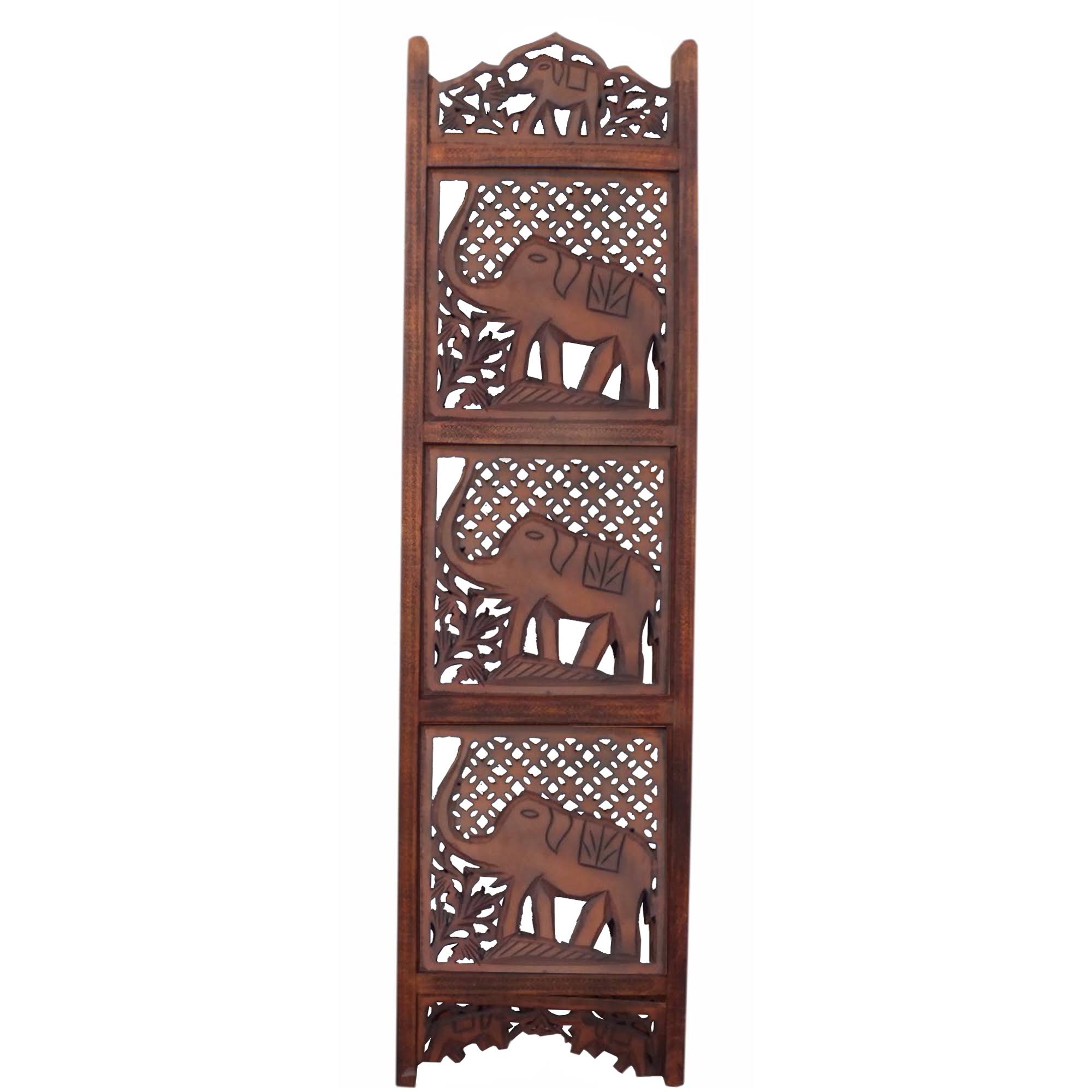 Benzara Hand Carved Elephant Design Foldable 4 Panel Wooden Room Divider, Brown