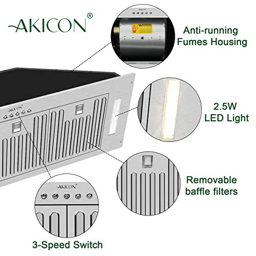 Range Hood Insert/Built-in30/ 36 inch,Ultra Quiet Powelful Vent Hood with LED Lights, 3 Speeds 600 CFM, Stainless Steel - Akicon