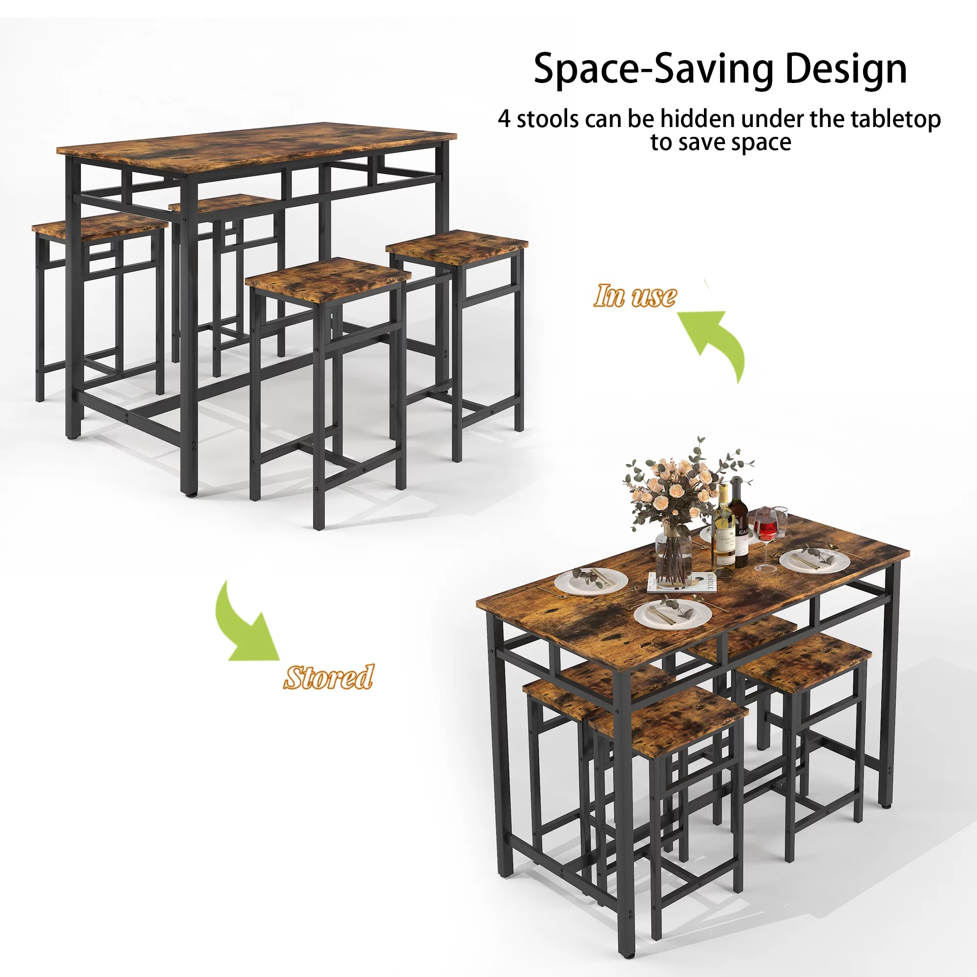 5 Piece Dining Table Set, Modern Pub Table Set with 4 Stools, Counter Height Bar Table Set, 4-Person Home Dining Table and Stools Set, Kitchen Table Set for Breakfast, Rustic Brown, D8997