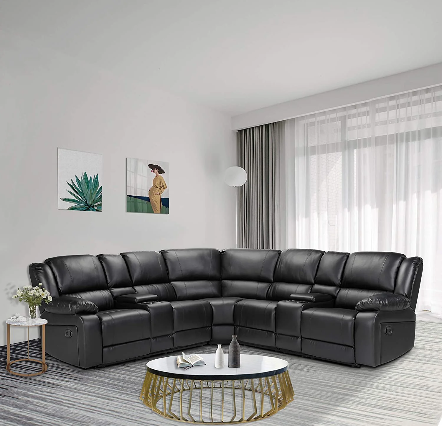 107" Reclining Motion Living Room Corner Sectional Sofa with Cup Holder  Black PU Leather - Curated Treasures Market