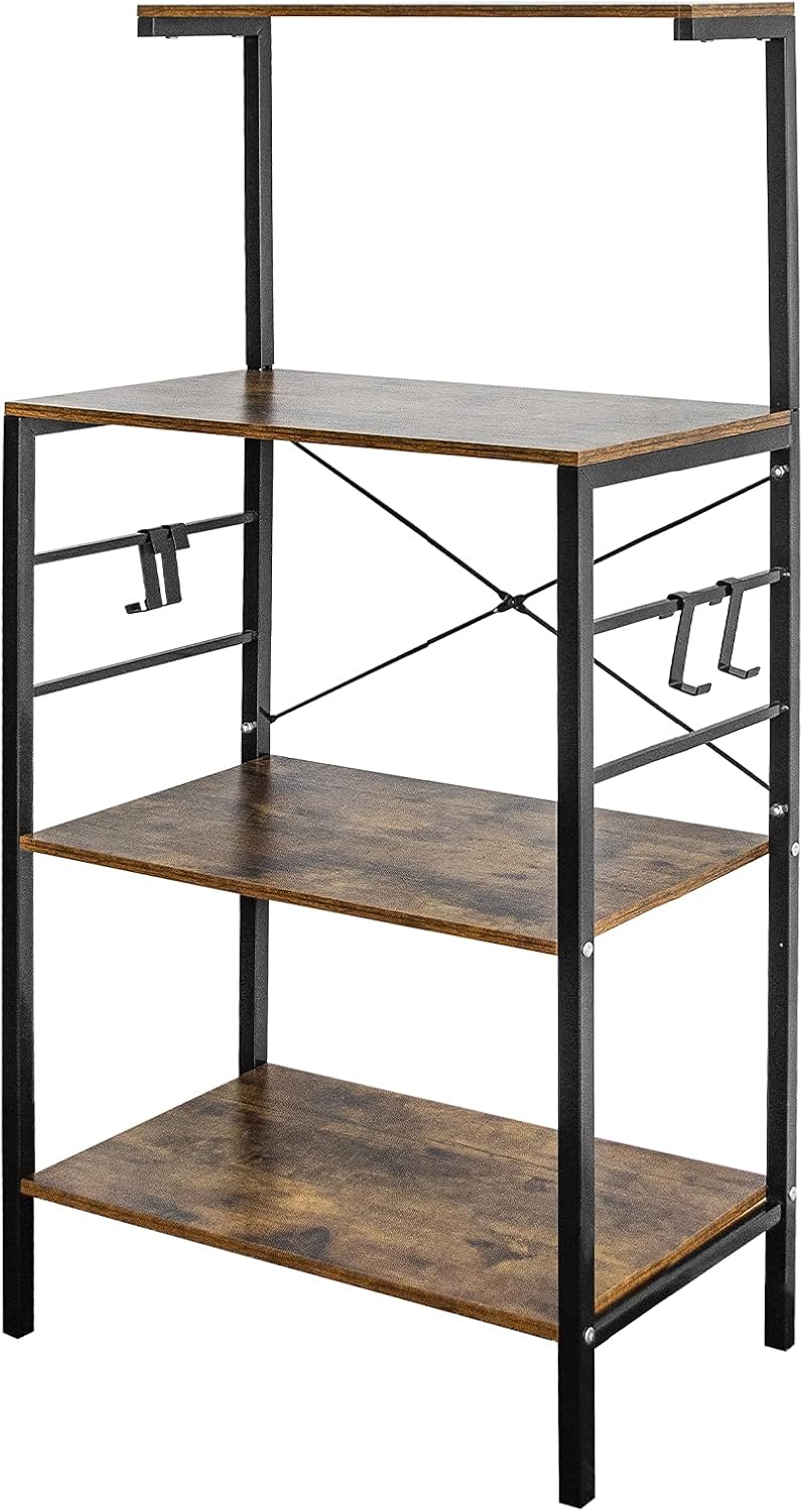 Bakers Rack for Kitchen,4-Tier Kitchen Storage Shelf Rack,Microwave Cart Coffee Bar Microwave Stand Rack with 4 Hooks,Bakers Racks for Kitchens with Storage (Single Row)