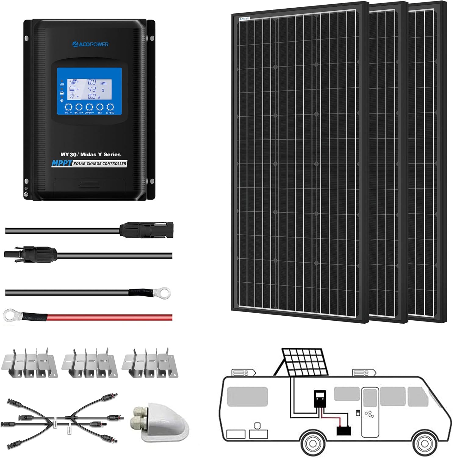 ACOPOWER 300 Watt Solar Panel Kit High Efficiency Monocrystalline 3*100W Solar Panels with 30A MPPT LCD Charge Controller/Mounting Brackets/Y Connectors/Solar Cables/Cable Entry housing （3×100W Kit）