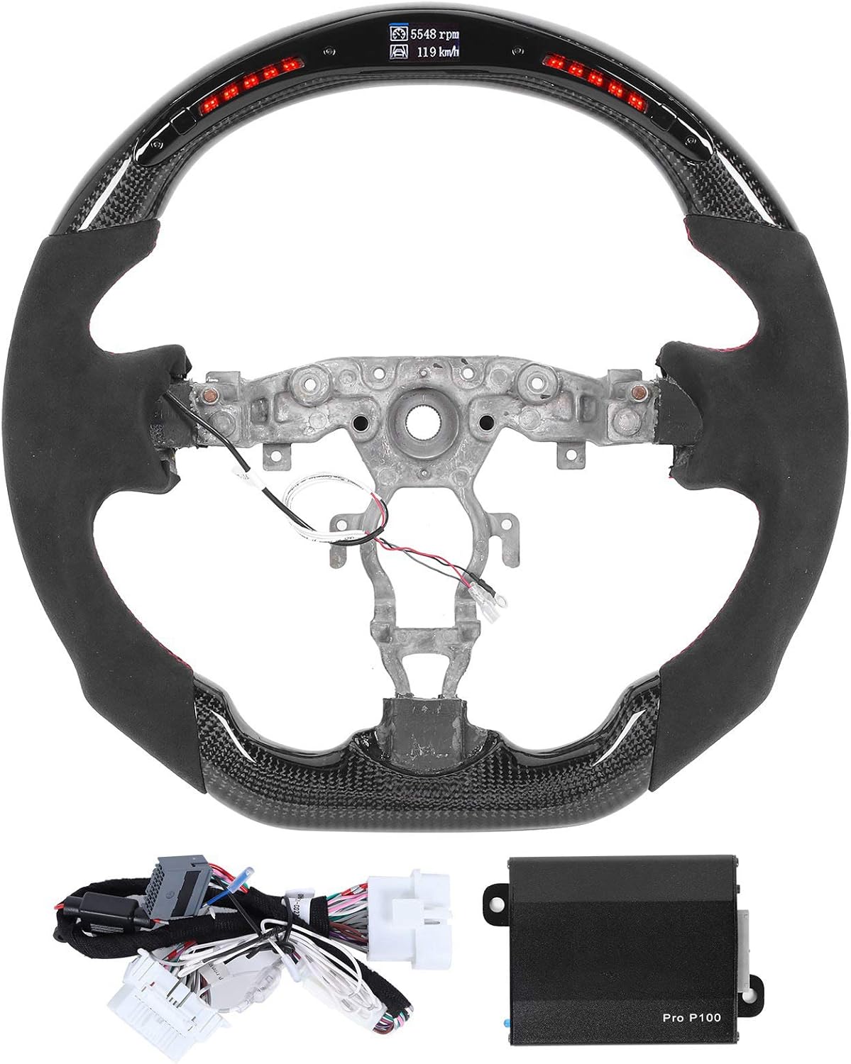 Qiilu LED Steering Wheel, Carbon Fiber Racing Steering Wheel Flat Bottom D-Type Car Steering Wheel LED Shift Lights Display Black Suede w/Red Stitching Fit for Nissan 370z 2009-2020