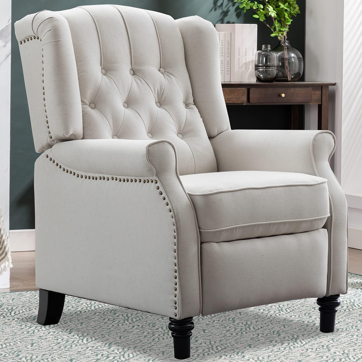 CANMOV Push Back Recliner Chair, Elizabeth Fabric Recliner with Tufted Back Home Theater Seating w/Padded Seat and Nailhead Trim, Wooden Legs, Beige