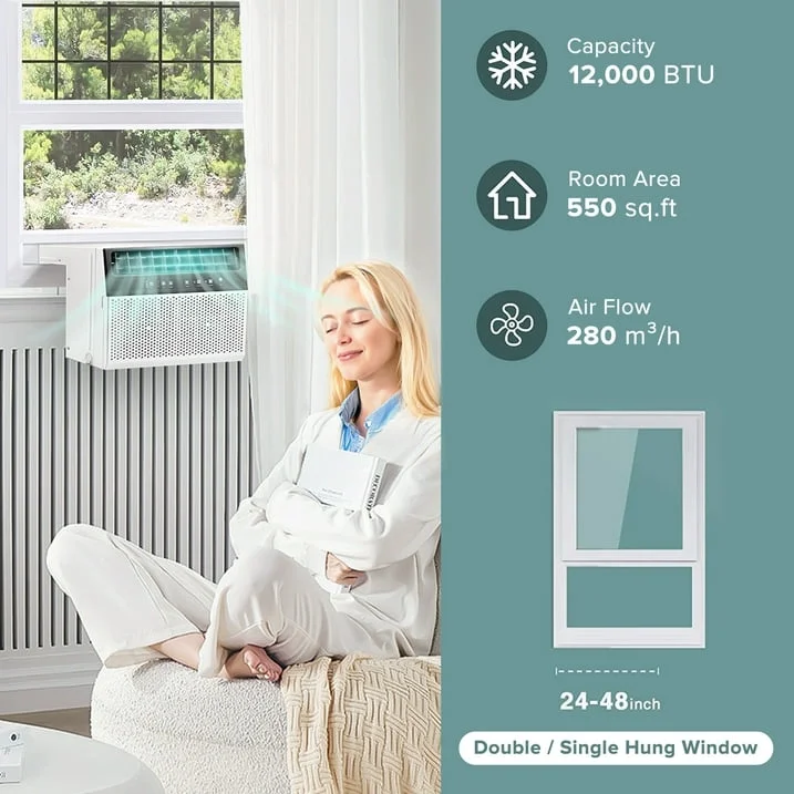 KISSAIR Window Air Conditioners 8,100 BTU (12,000 BTU ASHARE), U-Shaped Air Conditioner Window Unit Cools up to 550 Sq. Ft, 3-In-1 Window AC Units, Full Window View-White