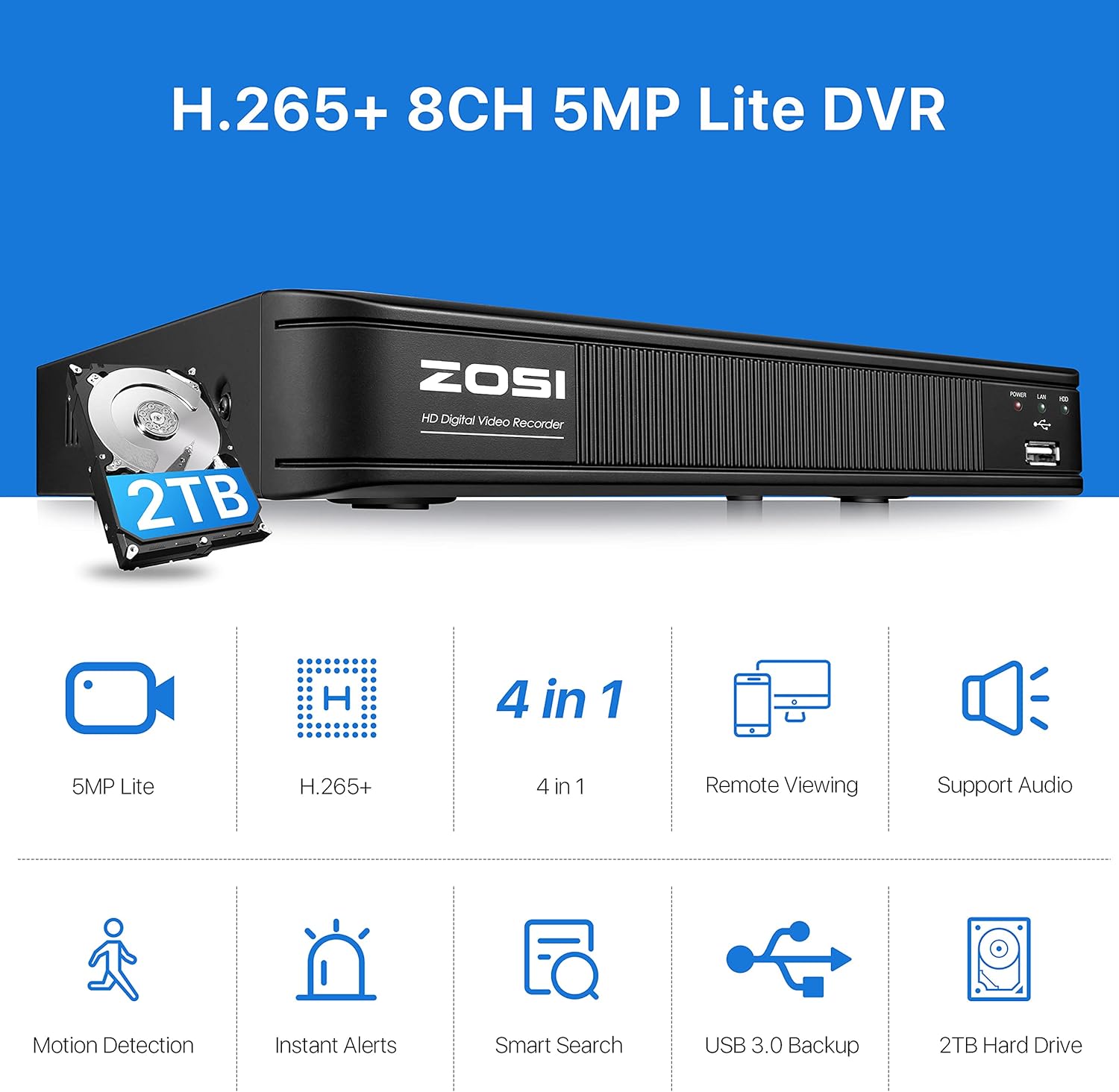 ZOSI H.265+ 5MP Lite 8 Channel CCTV DVR Recorder with Hard Drive 2TB, Remote Access, Motion Alert Push, Hybrid Capability 4-in-1(Analog/AHD/TVI/CVI) Full 1080p HD Surveillance DVR for Security Camera