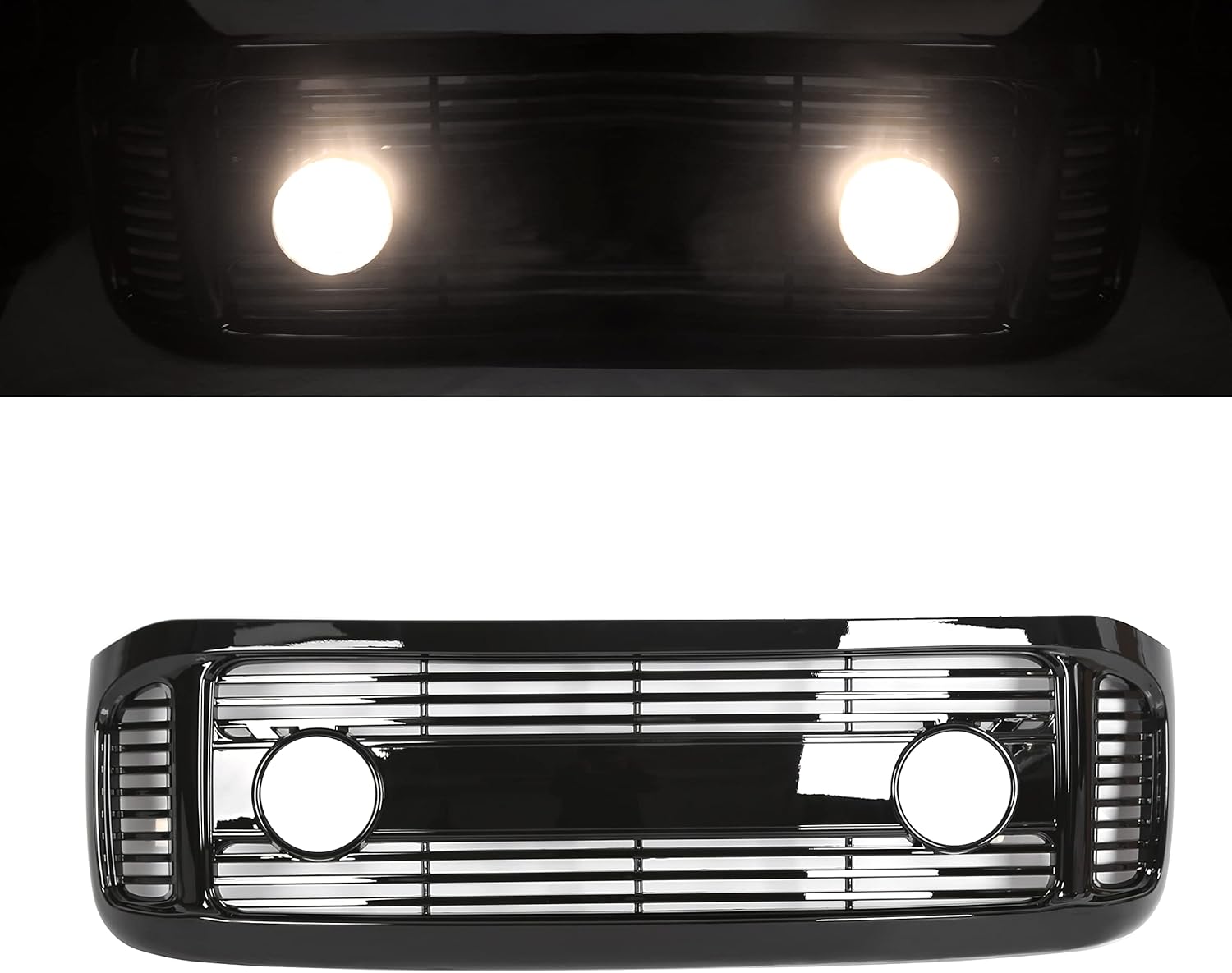 ECOTRIC Glossy Black Horizontal Front Hood Bumper Grille Grill ABS + Fog Lights Compatible with 1999-2004 Ford F250 F350 F450 F550