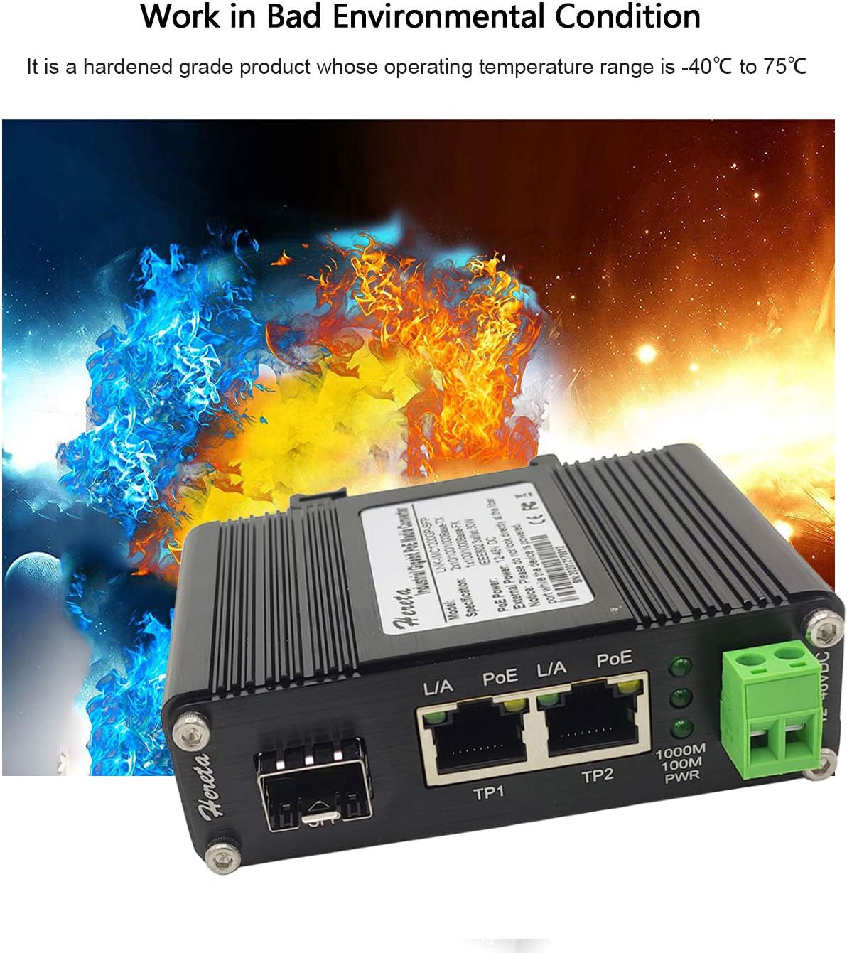 Gigabit Industrial Ethernet Media Converter POE+ 30W Aluminum Case 2 RJ45 Port 1 SFP Port Supports External SFP Modules 12~48V DC Input Power