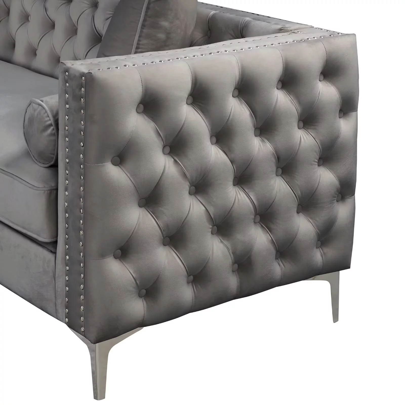 Morden Fort L-Shape Sectional Sofa for Living Room Velvet Corner Couch Sleeper with Pillows Gray