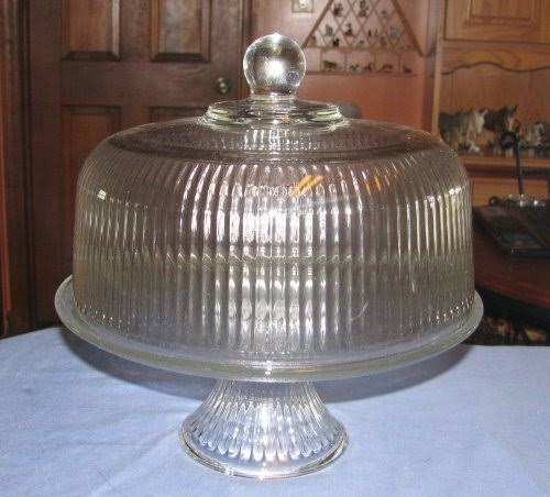 Anchor Hocking Monaco Ribbed Clear Glass Cake Pedestal u0026 Dome Lid Cover New USA