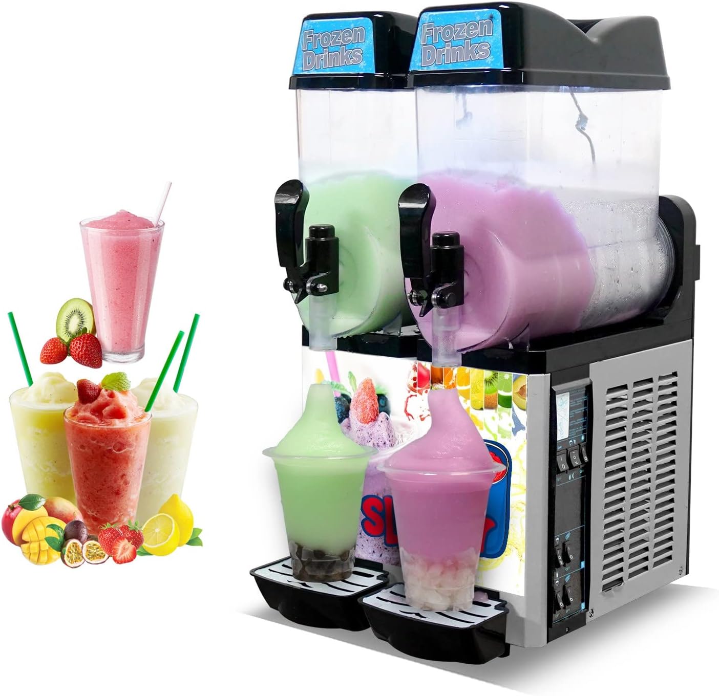 Commercial 12L x 2 Tank Slushy Machine 600W, Margarita Frozen Snow Drink Ice Slushie Shaved Crusher Maker, Stainless Steel Cooling Slush Beverage Machine for Outdoor, Bar, Cocktail, Juice, Home Coffee