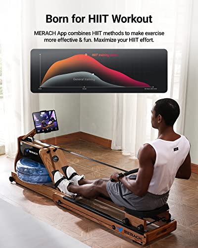 MERACH Foldable Wooden Rowing Machine, Water Electromagnetic Rower Machine for Home Use, Exclusive App Lifetime Membership, Patented Space Saver, MERACH Go Technology, 950